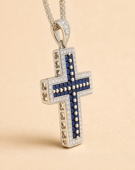 Kreuz-Kette mit Saphiren &amp; Diamanten | 750 Weißgold