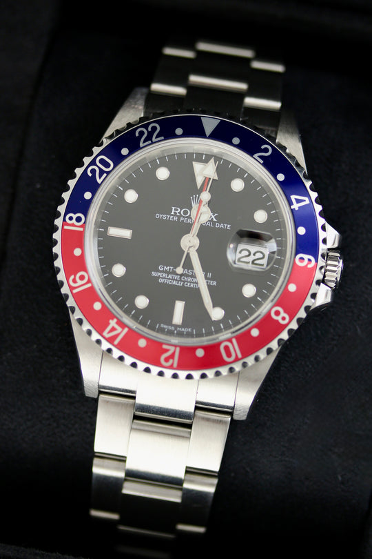 Rolex GMT-Master II Pepsi 16710BLRO M-Serie Kaliber 3186 Stick Dial LC100 (Full Set + Jubilee 62510H) | Absolut Sammlerset