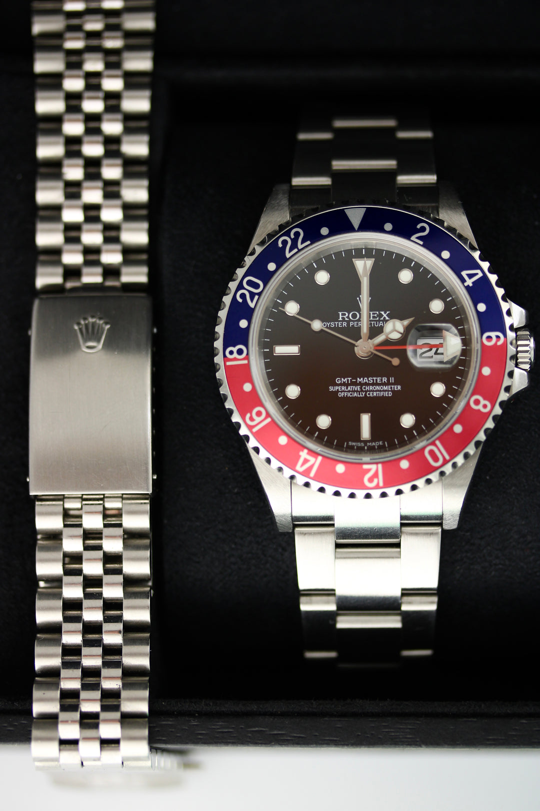 Rolex GMT-Master II Pepsi 16710BLRO M-Serie Kaliber 3186 Stick Dial LC100 (Full Set + Jubilee 62510H) | Absolut Sammlerset