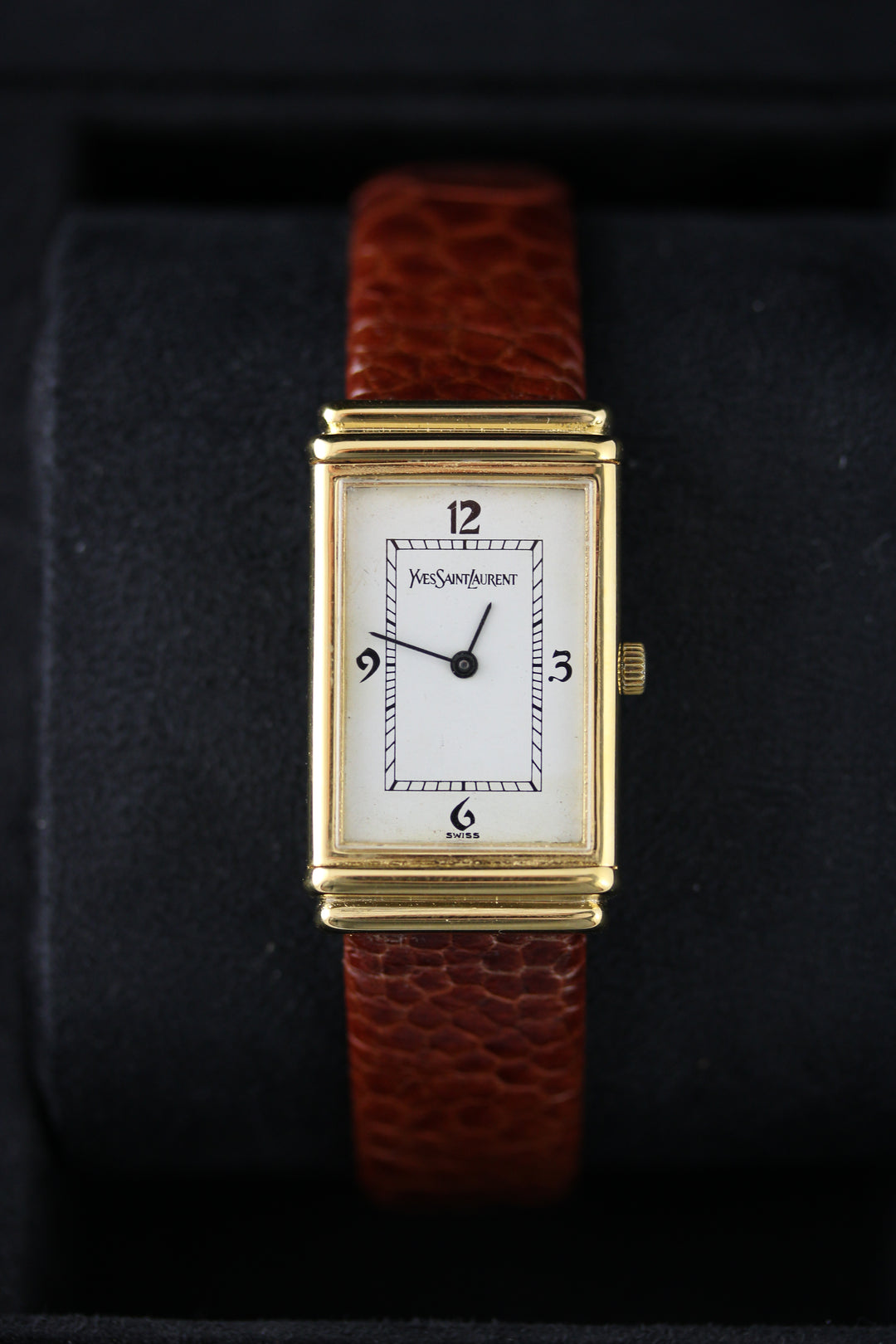 Yves Saint Laurent Tank by Cartier 21 × 35 mm 1987 (Neu vergoldet + Straußenfußleder)