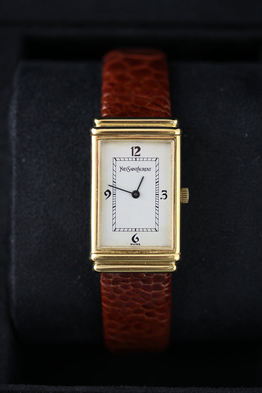 Yves Saint Laurent Tank by Cartier 21 × 35 mm 1987 (Neu vergoldet + Straußenfußleder)