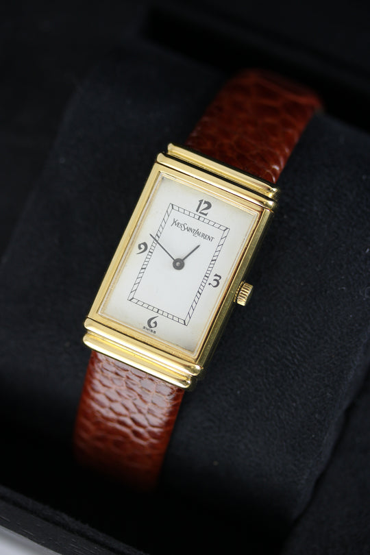 Yves Saint Laurent Tank by Cartier 21 × 35 mm 1987 (Neu vergoldet + Straußenfußleder)