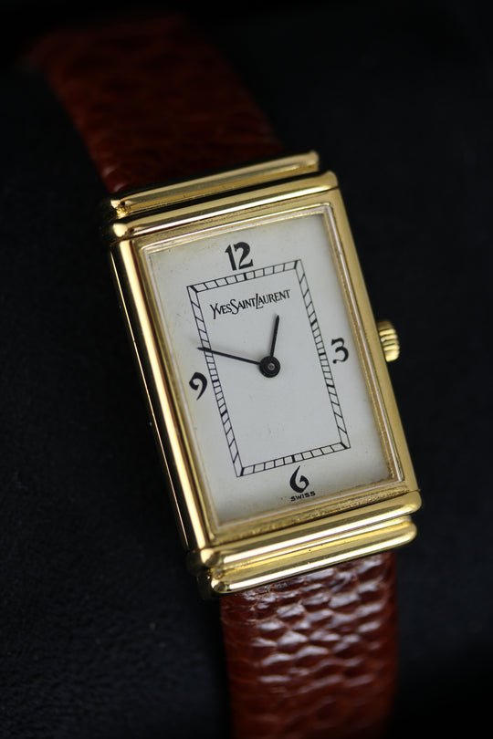 Yves Saint Laurent Tank by Cartier 21 × 35 mm 1987 (Neu vergoldet + Straußenfußleder)
