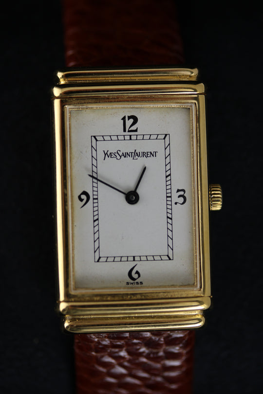 Yves Saint Laurent Tank by Cartier 21 × 35 mm 1987 (Neu vergoldet + Straußenfußleder)