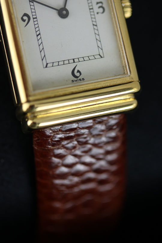 Yves Saint Laurent Tank by Cartier 21 × 35 mm 1987 (Neu vergoldet + Straußenfußleder)