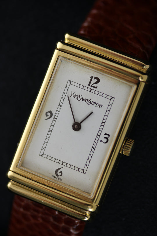 Yves Saint Laurent Tank by Cartier 21 × 35 mm 1987 (Neu vergoldet + Straußenfußleder)