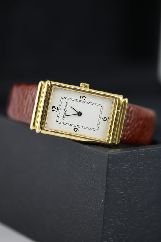 Yves Saint Laurent Tank by Cartier 21 × 35 mm 1987 (Neu vergoldet + Straußenfußleder)