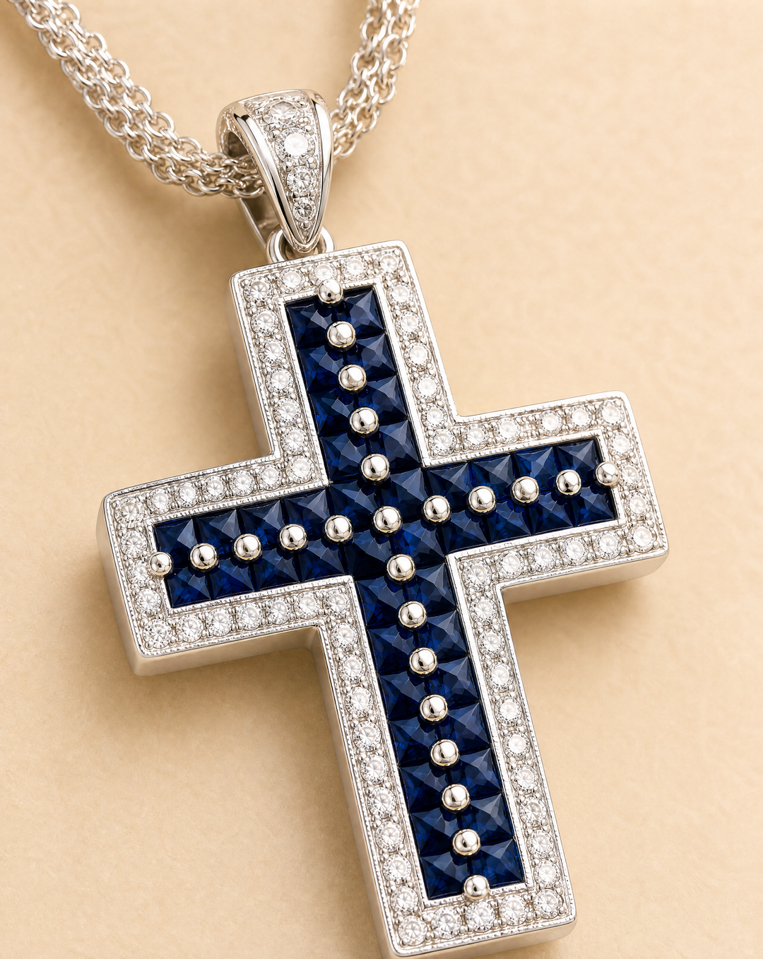 Kreuz-Kette mit Saphiren &amp; Diamanten | 750 Weißgold